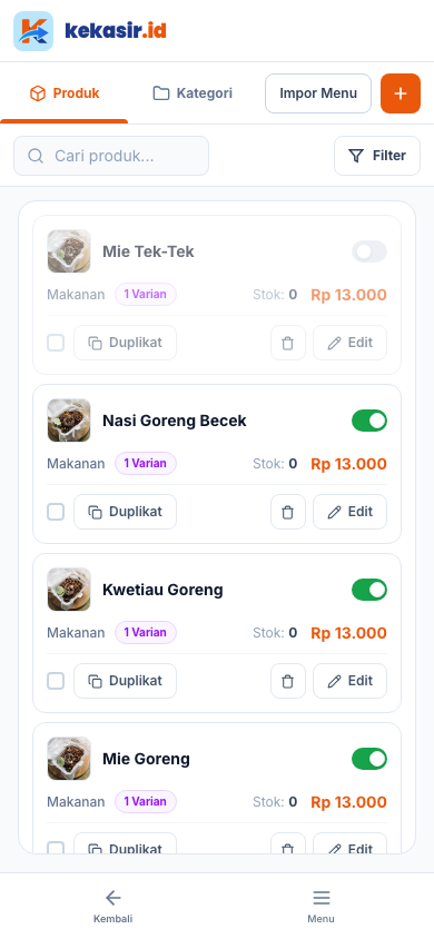 Daftar produk setelah sakelar dimatikan (tampilan ponsel)