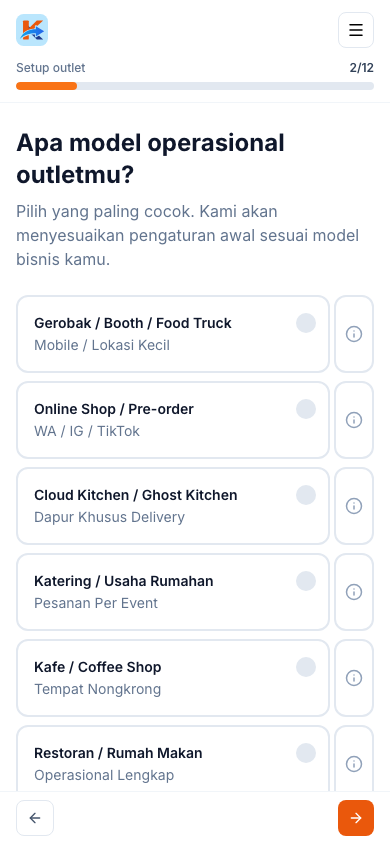 Pilihan model operasional outlet (tampilan ponsel)