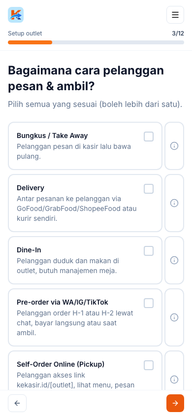 Pilihan cara pelanggan pesan & ambil (tampilan ponsel)