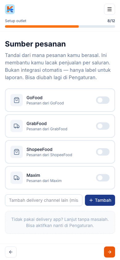 Pilihan sumber pesanan (tampilan ponsel)