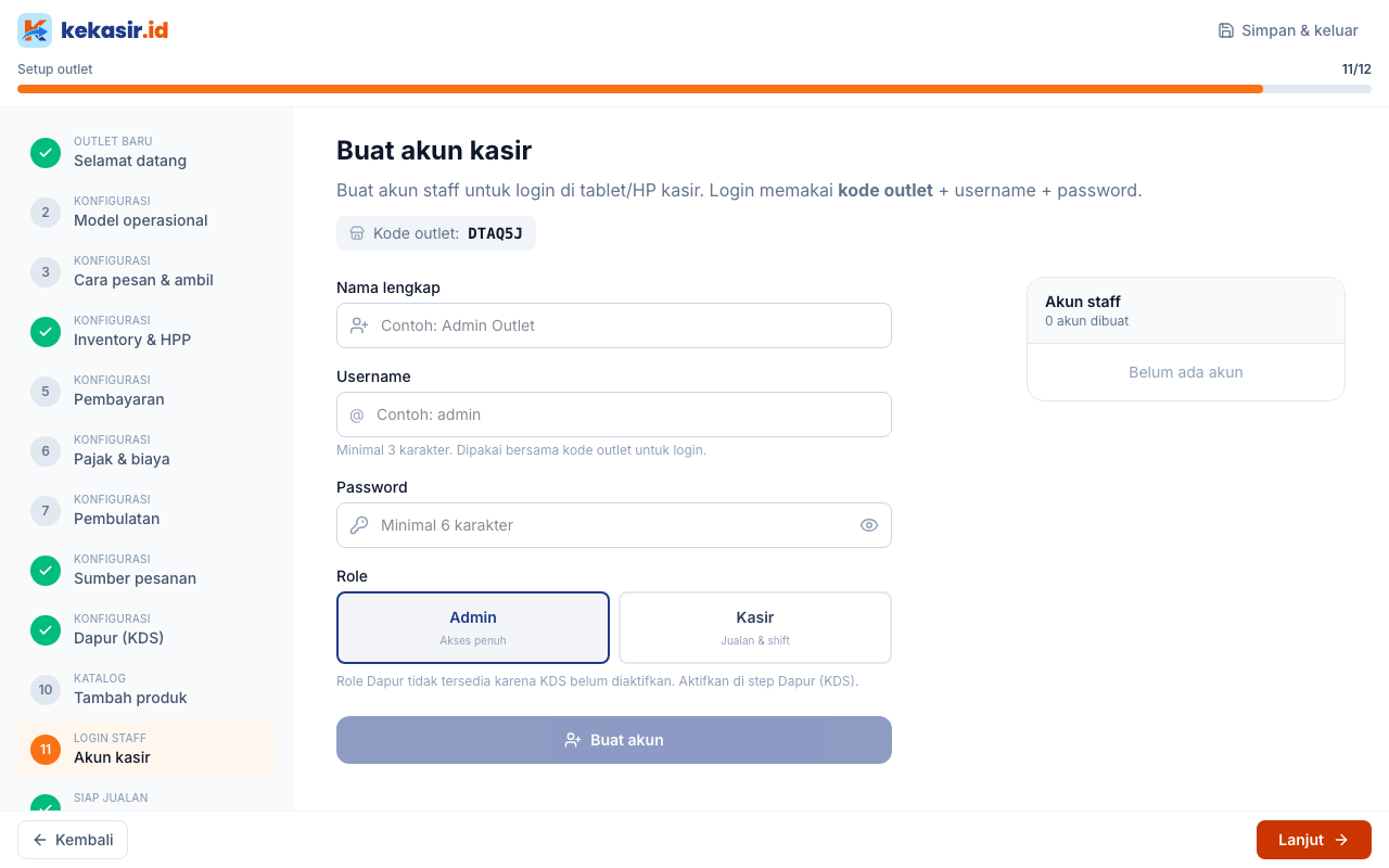 Form buat akun kasir