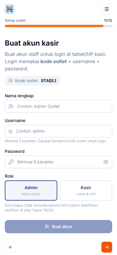 Form buat akun kasir (tampilan ponsel)