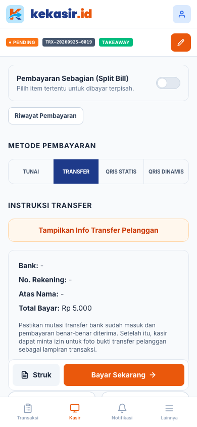Pembayaran transfer (tampilan ponsel)