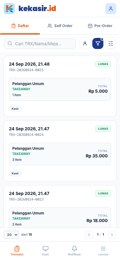 Halaman Transaksi (tampilan ponsel)
