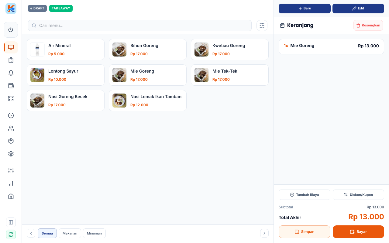 Grid produk kasir, kartu menu per kategori, panel keranjang di kanan