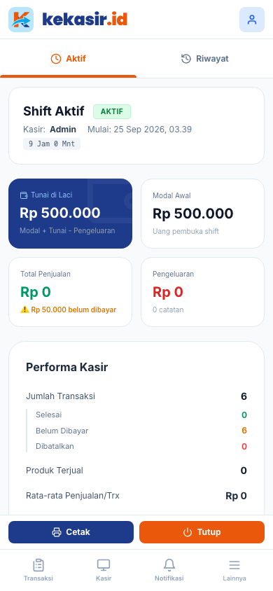 Halaman Buka Shift (tampilan ponsel)