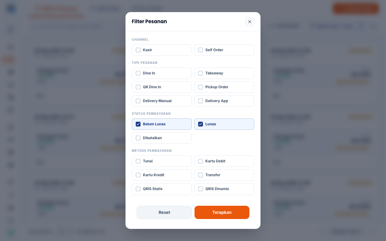 Halaman Transaksi dengan filter status pembayaran diterapkan