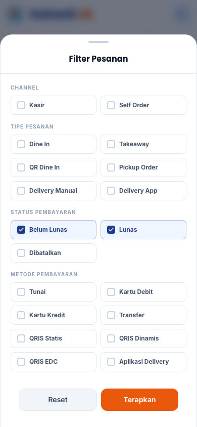 Halaman Transaksi dengan filter status (tampilan ponsel)