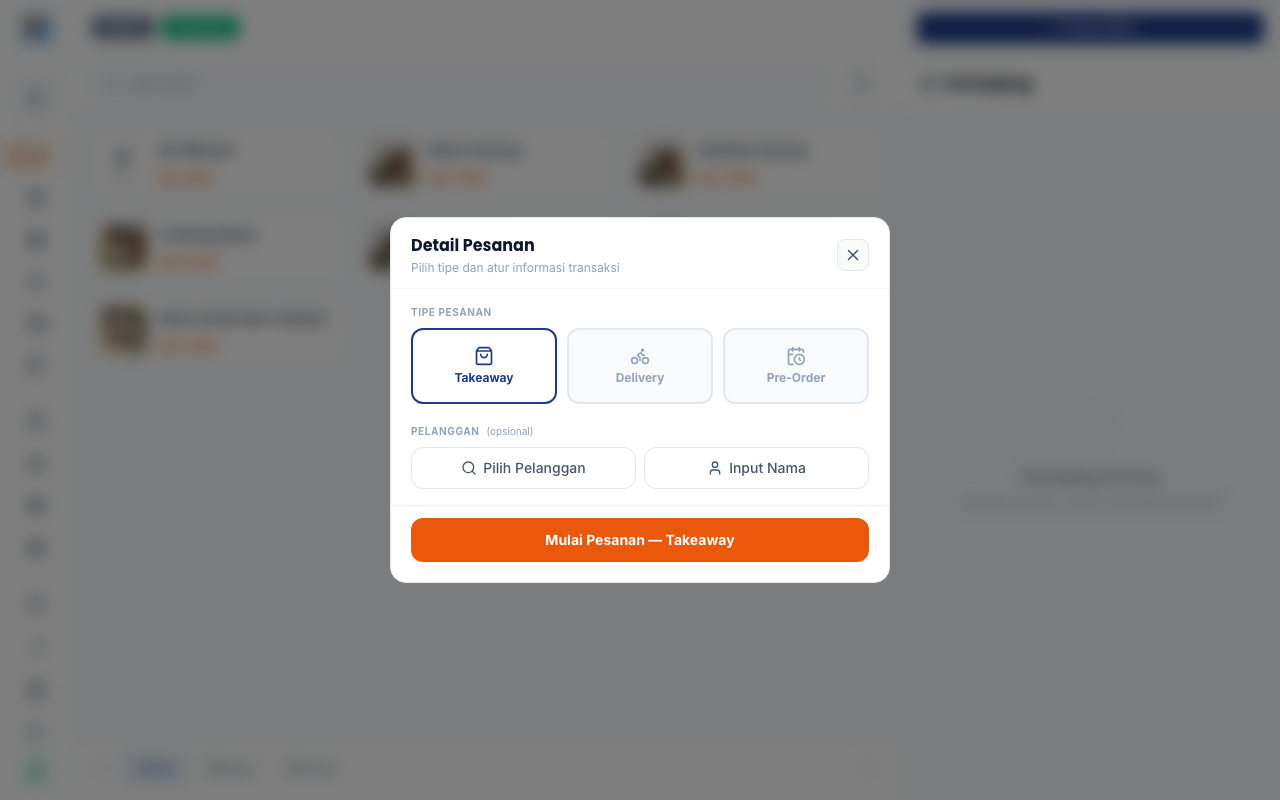 Sheet Detail Pesanan, tipe Dine In terpilih dan pilihan meja