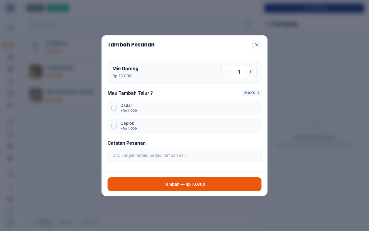 Dialog Pilih Varian, grup wajib pilih dan daftar opsi