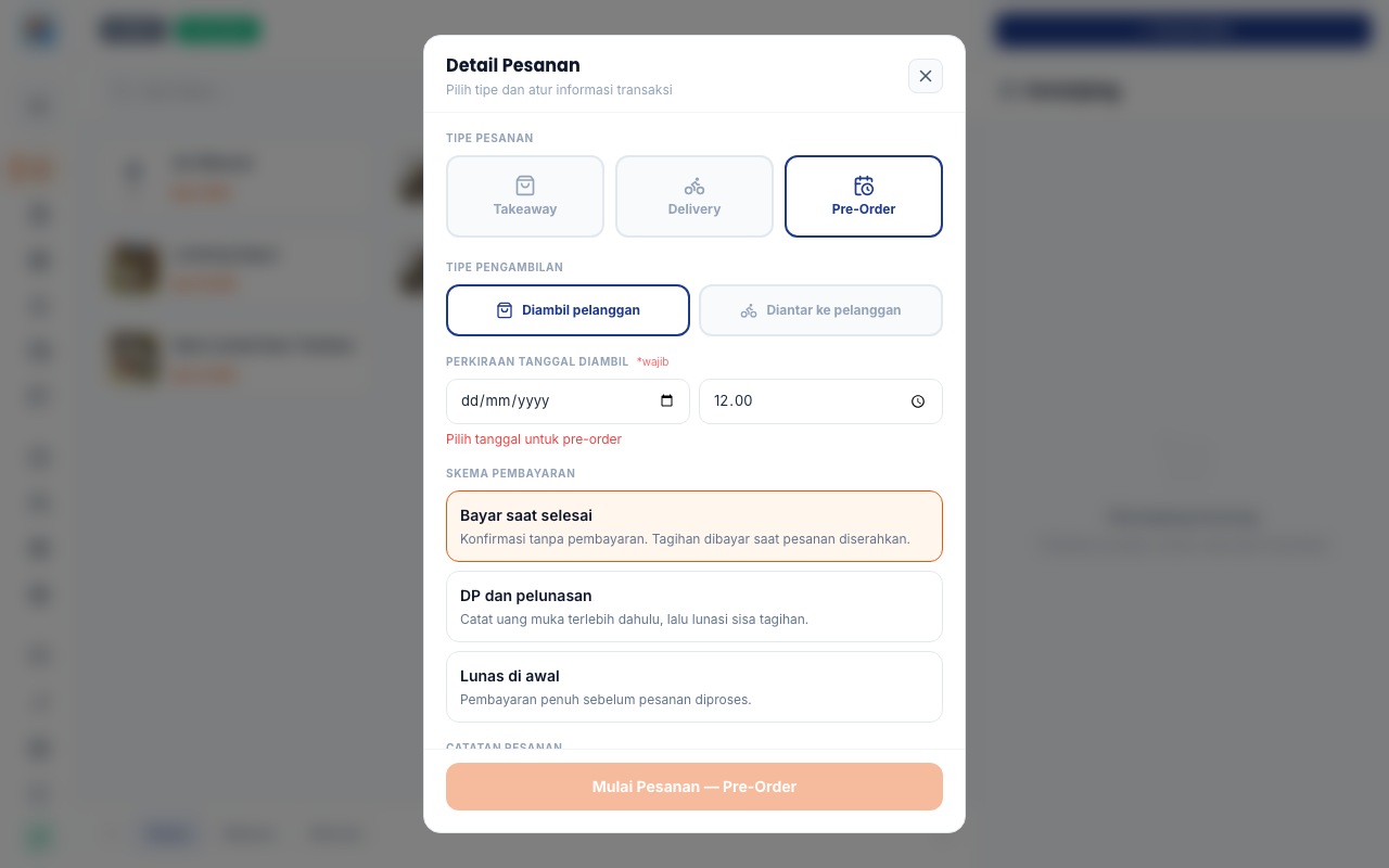 Sheet Detail Pesanan, tipe Pre-Order terpilih dengan jadwal dan skema bayar