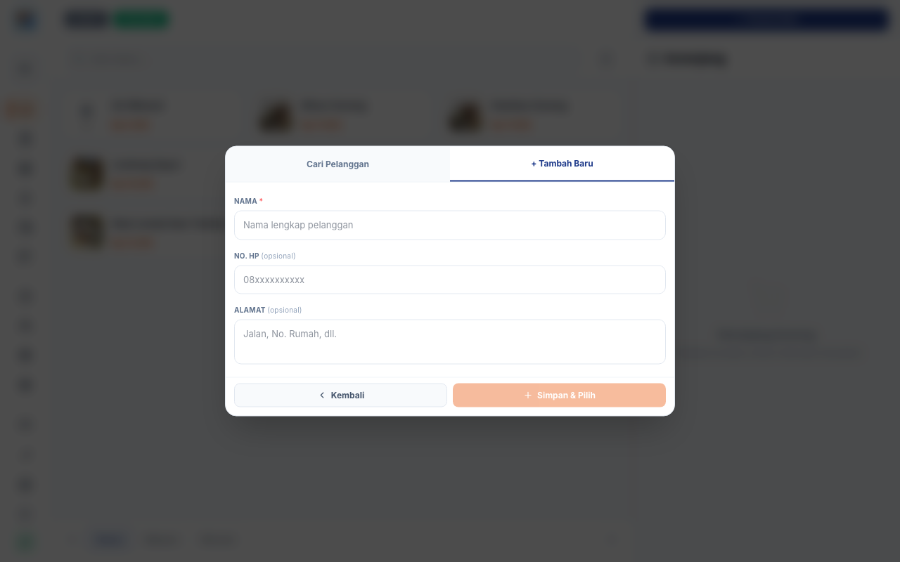Form pelanggan baru, kolom nama dan nomor HP masih kosong