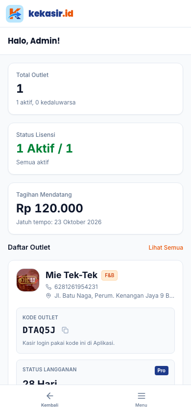 Dasbor Owner (tampilan ponsel)