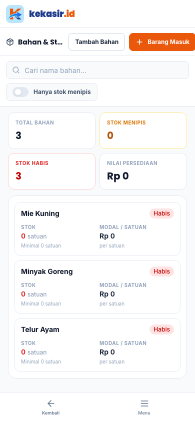 Halaman Bahan & Stok (tampilan ponsel)