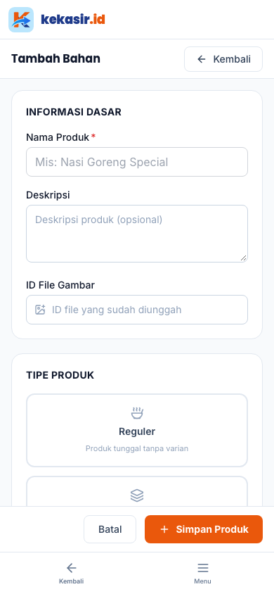 Form Tambah Bahan (tampilan ponsel)
