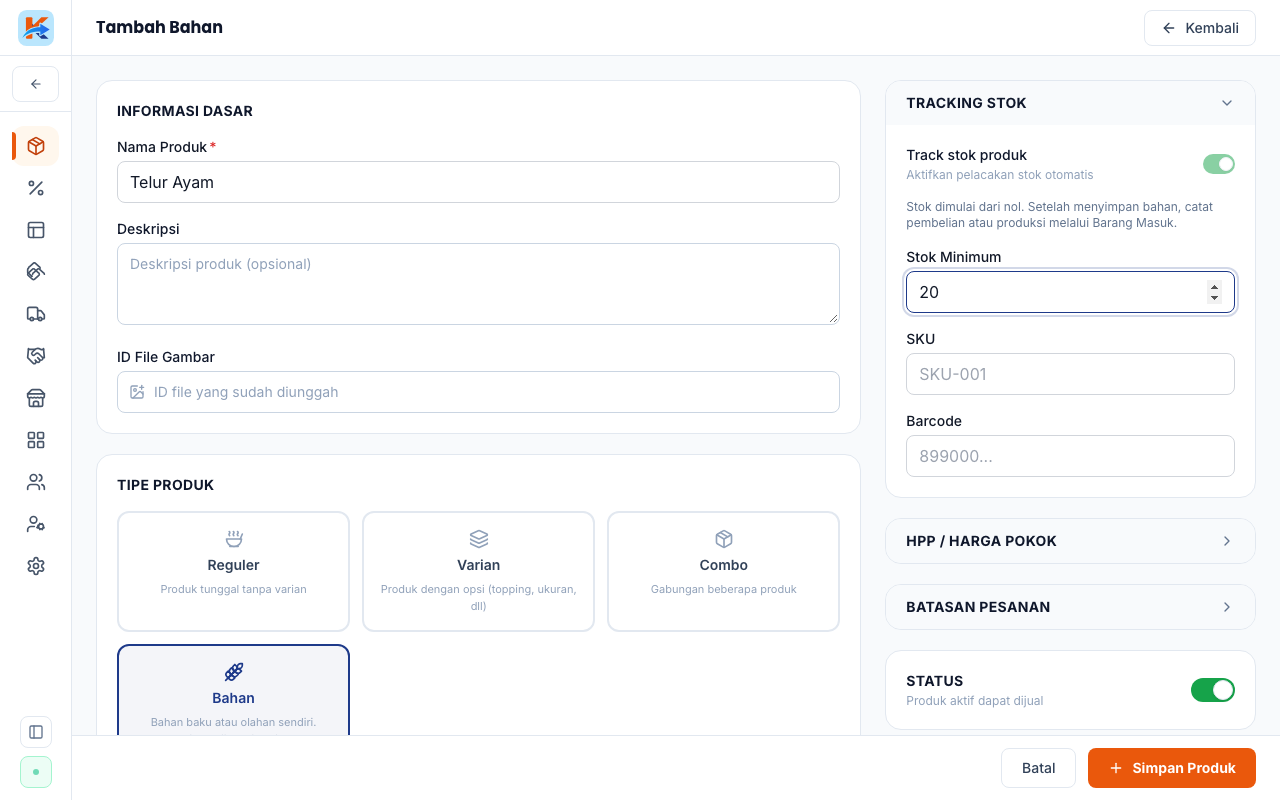 Form bahan setelah semua field terisi, siap disimpan