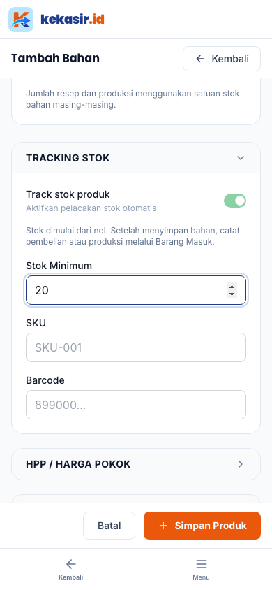 Form bahan terisi (tampilan ponsel)